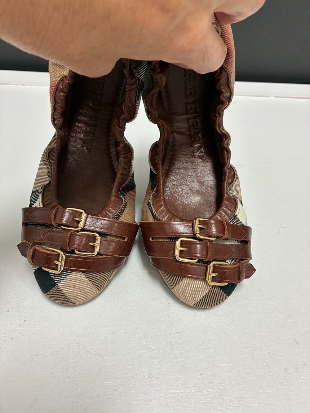 Burberry Plaid Fabric and Leather Buckle Ballet Flats or Travel Flats